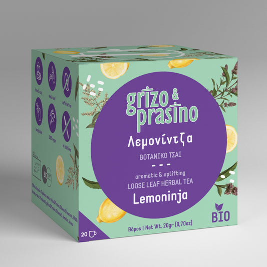 Box of Grizo & Prasino Lemoninja loose leaf herbal tea with lemon and herbs.