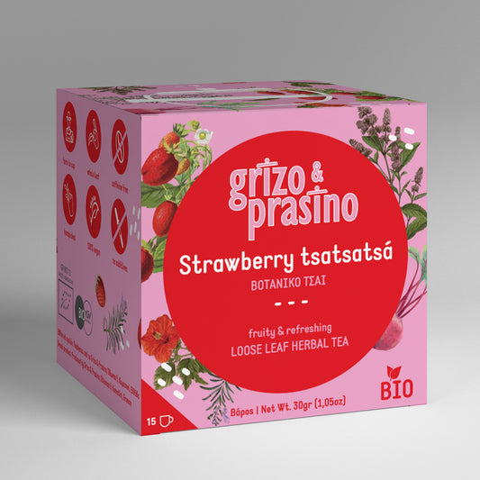A box of loose leaf tea strawberry infusion with herbs.