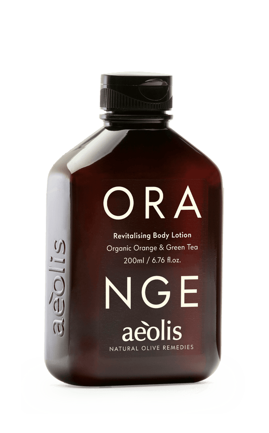 Aeolis Revitalising Body Lotion with Organic Orange and Green Tea – nourishing citrus botanical moisturizer.