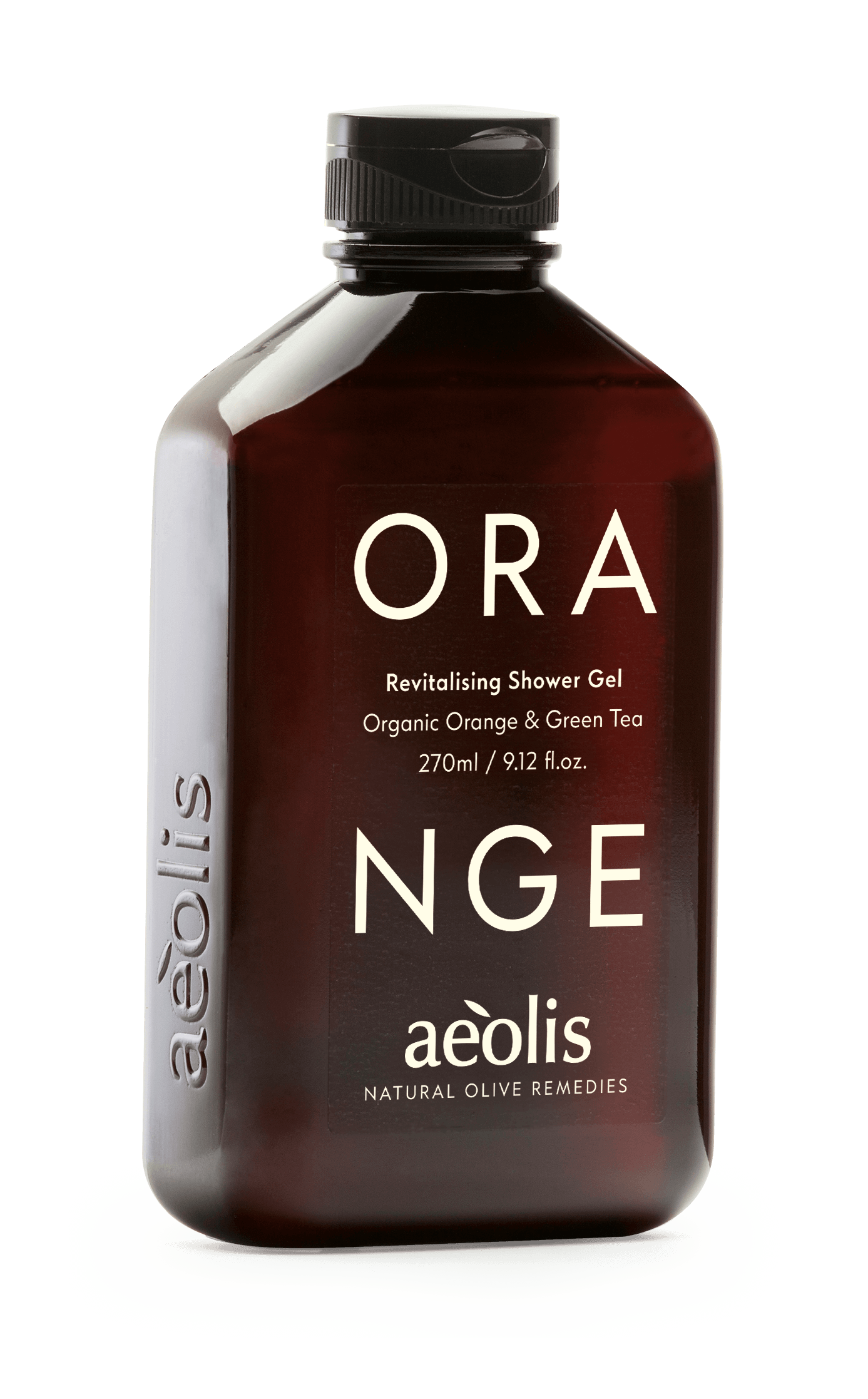 Aeolis Revitalising Shower Gel with Organic Orange and Green Tea – 270ml amber bottle