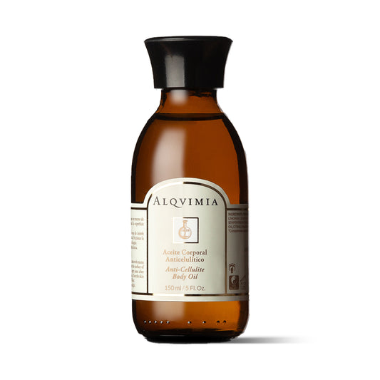 Alqvimia body oil for cellulite. Earth-conscious design — a recyclable glass bottle, FSC-certified paper box, and a cap sourced from circular economy materials — every detail speaks of harmony between body and planet.