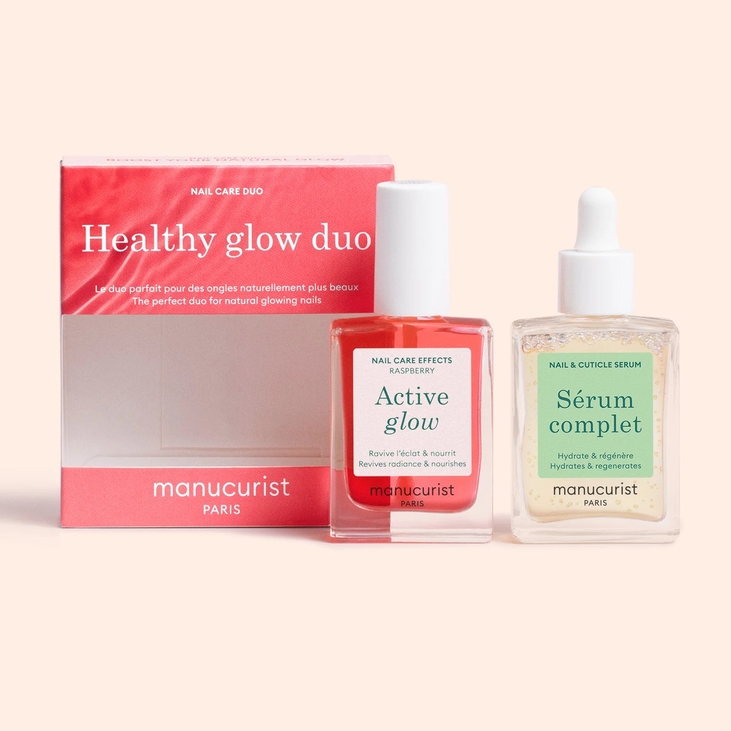 Manucurist Paris Healthy Glow Duo – Active Glow Polish and Complete Serum for hydrated, naturally glowing nails.