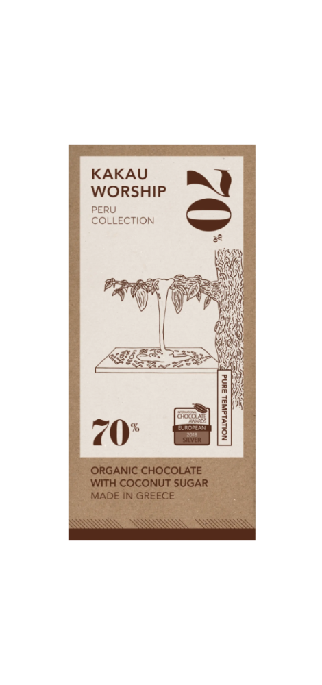 A chocolate bar by Kakau Worship with 70% cocoa from Peru with white and light brown packaging and a drawing of a tree