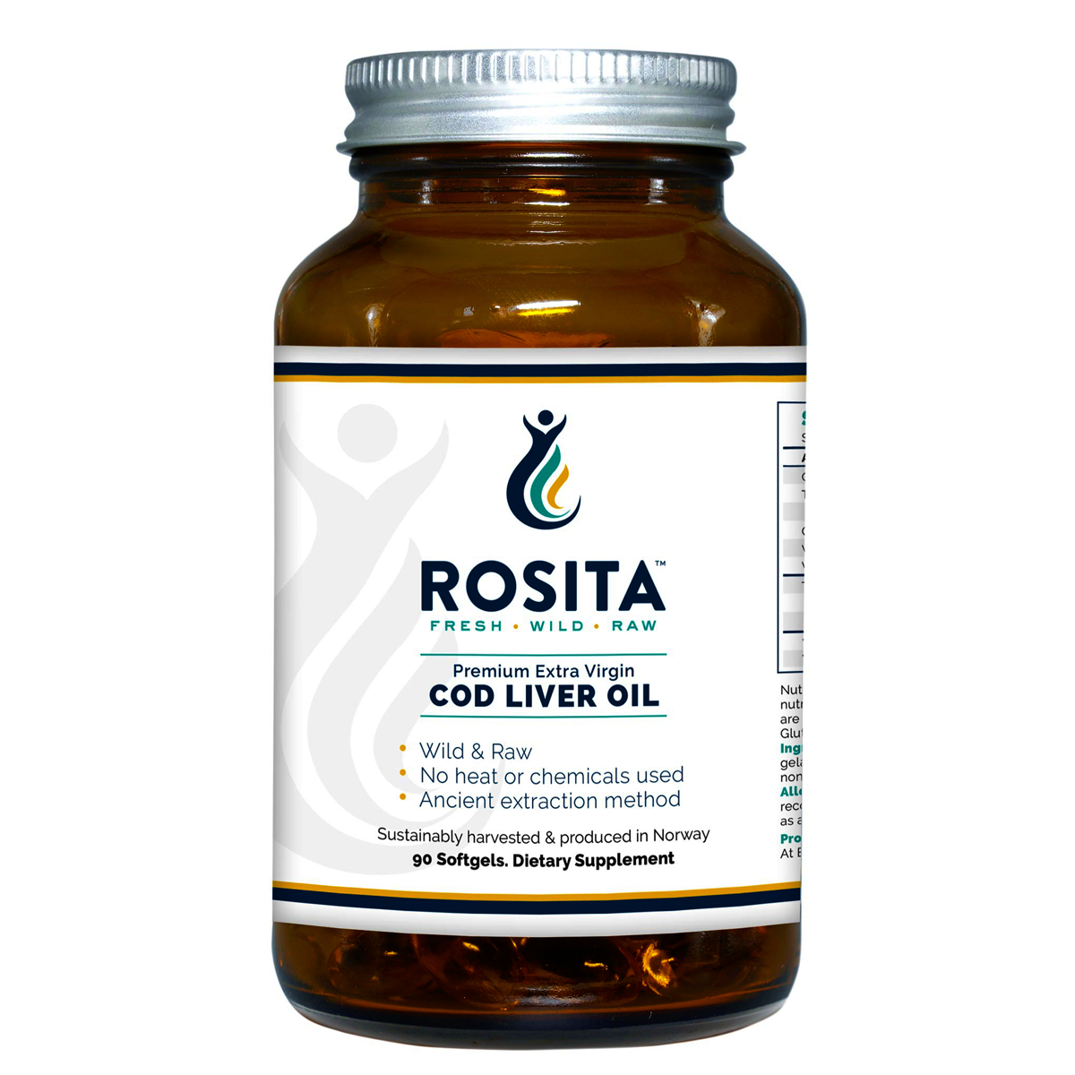 Rosita Extra Virgin Cod Liver Oil softgels in amber glass jar – natural omega source for skin, hormones, and vitality.
