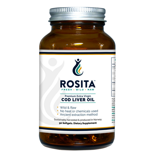 Rosita Extra Virgin Cod Liver Oil softgels in amber glass jar – natural omega source for skin, hormones, and vitality.