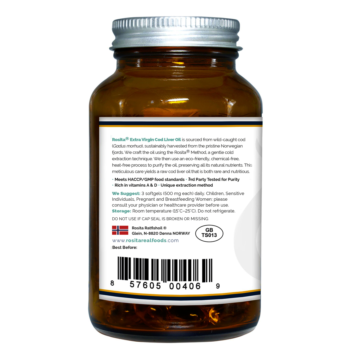 Rosita Extra Virgin Cod Liver Oil softgels in amber glass jar – natural omega source for skin, hormones, and vitality.