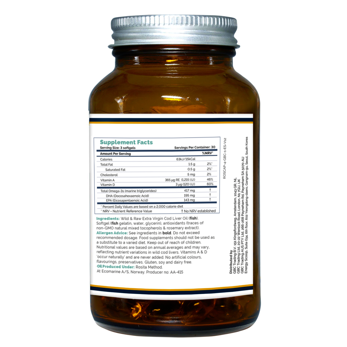 Rosita Extra Virgin Cod Liver Oil softgels in amber glass jar – natural omega source for skin, hormones, and vitality.