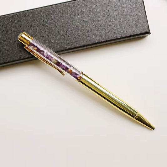 Amethyst Infused Writing Pen – elegant pen filled with purple amethyst crystals, symbol of intuition and inner peace.