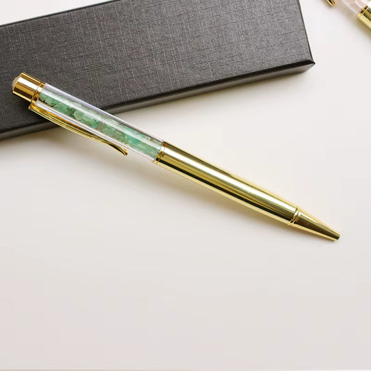 Green Aventurine Infused Writing Pen – elegant pen filled with green aventurine crystals, symbol of growth, prosperity, and renewal.