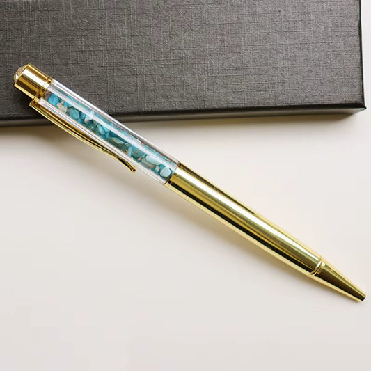Blue Apatite Infused Writing Pen – elegant pen filled with blue apatite crystals, symbol of inspiration, focus, and expression.
