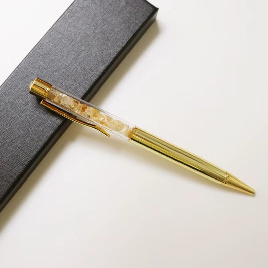 Citrine Infused Writing Pen – elegant pen filled with golden citrine crystals, symbol of joy, success, and abundance.