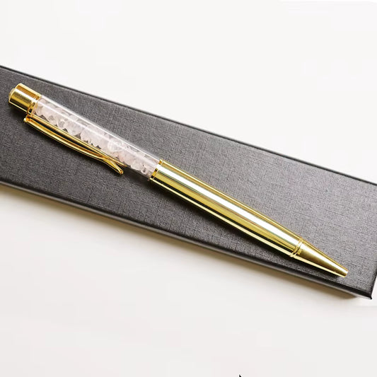 Clear Quartz Infused Writing Pen – luxury pen filled with clear quartz crystals, symbol of clarity and focus.
