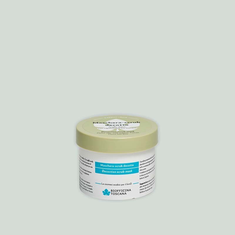 Jar of decoction scrub-mask by Biofficina Toscana on a light gray background