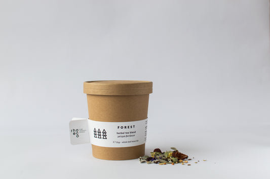 Forest Organic Herbal Tea — Greek mountain blend with sage, fennel, and dittany in compostable packaging.