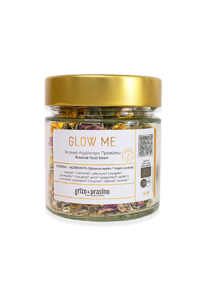 Jar of "glow me" herbal facial steam. Natural face treatments.