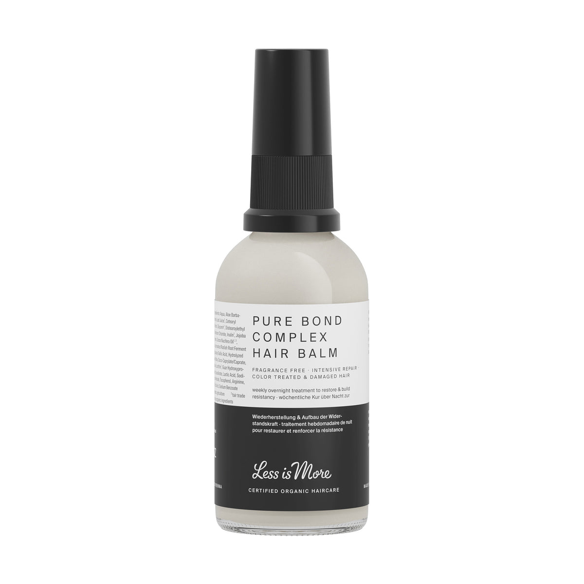 Less is More Pure Bond Complex Hair Balm 50ml in a frosted glass bottle with black spray-style cap – fragrance-free intensive bond repair treatment for damaged and colour-treated hair.
Product distinction: Unlike a conventional rinse-out conditioner, Pure Bond Complex is a pre-shampoo treatment designed to remain on dry hair for 30 minutes or overnight. Its combination of bond-targeting ingredients, proteins and lipids makes it particularly relevant for hair weakened by bleaching and chemical processing.
