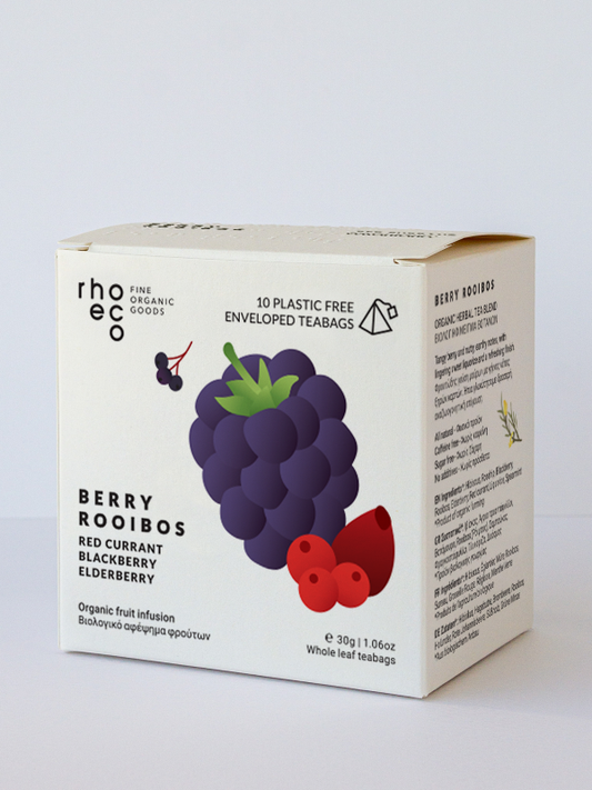 A box of rooibos and berries herbal tea in plastic free pyramids.