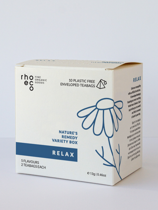 A box of a collection of herbal tea infusions to relax , calm and invite sleep