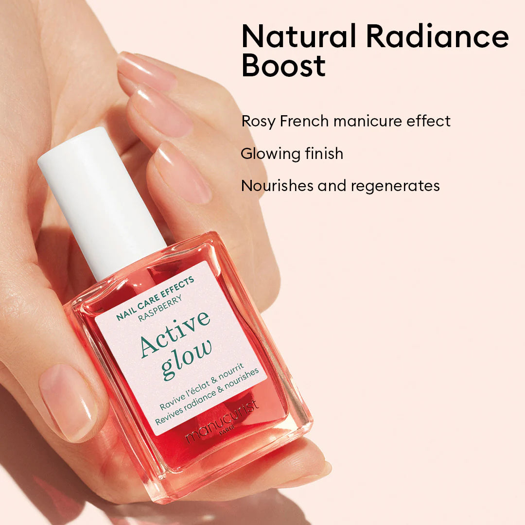 Manucurist Active Glow Raspberry – natural nail care polish with raspberry extract and mirror-shine finish.