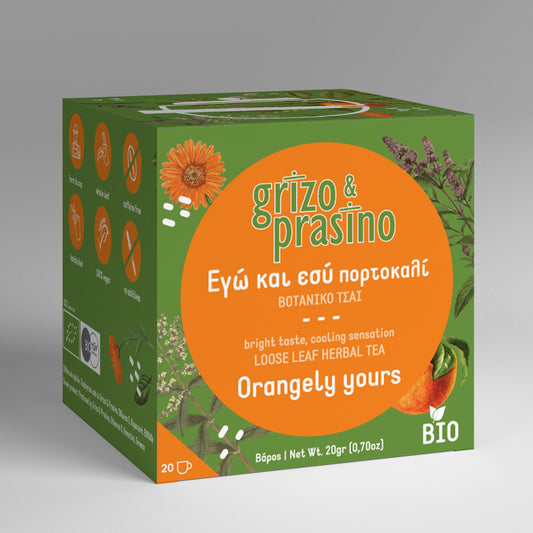 A box of loose leaf herbal tea with orange. Bright taste cooling sensation. 