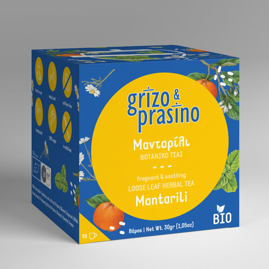 Box of loose leaf grizo & prasino herbal tea with herbs and satsuma. 