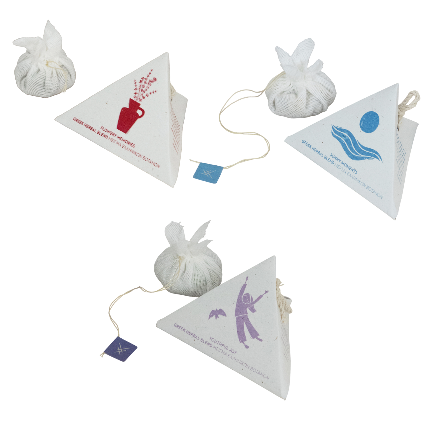 Set of triangular cartons with teabags inside with various designs on a white background