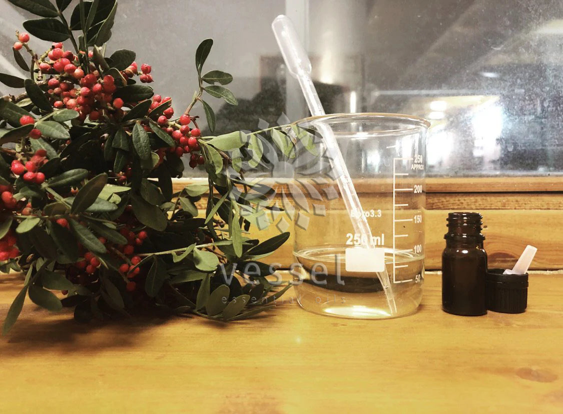 Beaker with a mastic plant and small bottles on a wooden surface