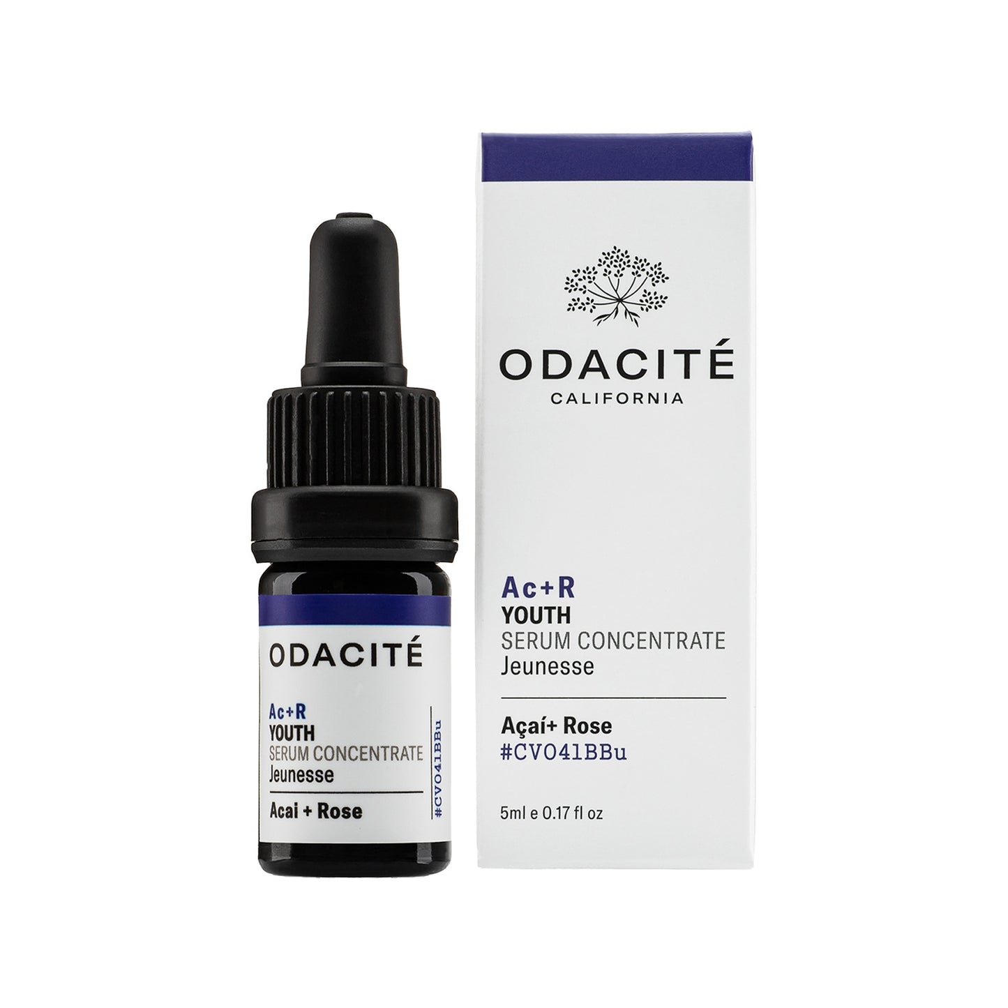 Odacite ac+r youth serum concentrate bottle and packaging on a white background