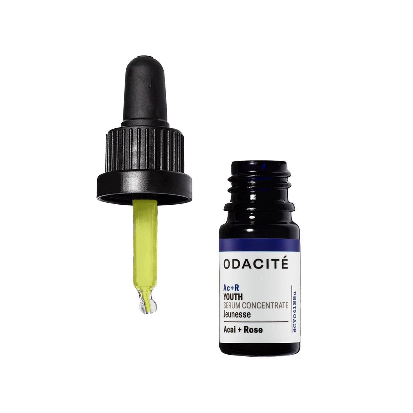 Odacite Acai + Rose serum concentrate with dropper on a white background