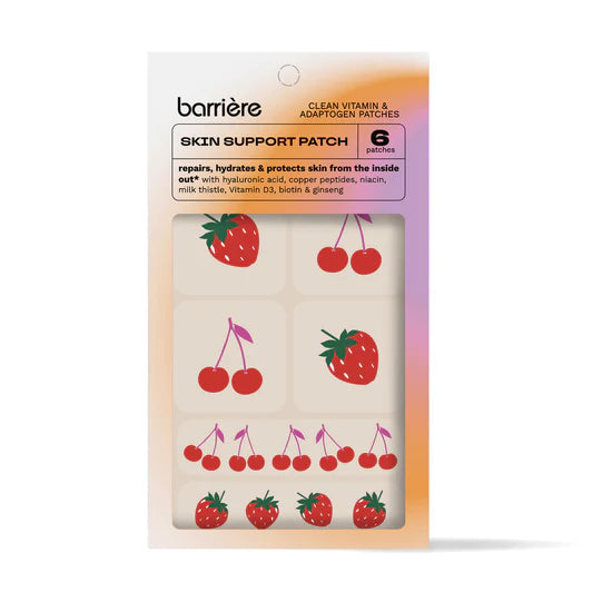 Barriere skin support patch packaging with fruit designs on a white background