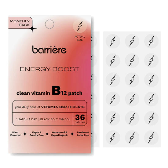 Barriere Energy Boost vitamin B12 patch packaging with white background showing patches with the black bolt symbol.