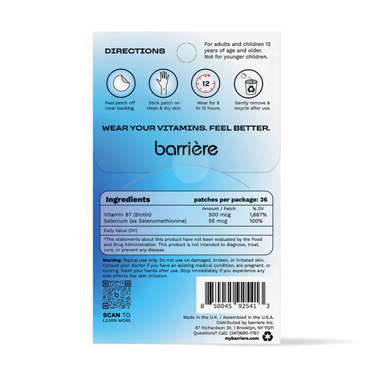 the Barriere biotin patch with patches with the black diamond symbol with directions and ingredients on a white background