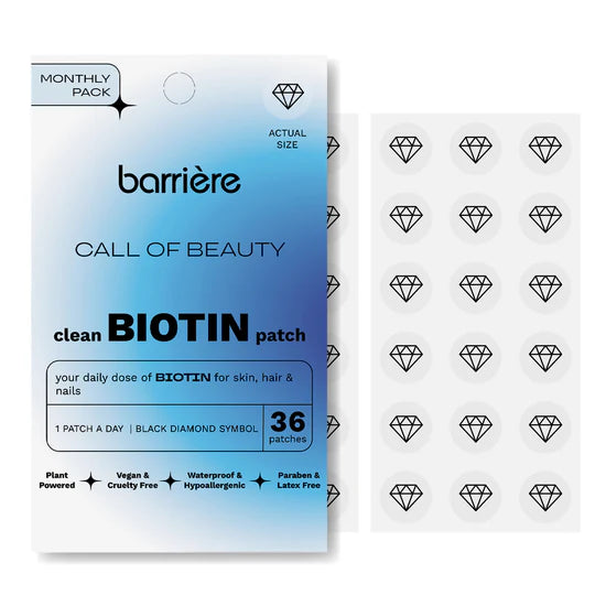 Barriere biotin patch packaging with patches with the black diamond symbol on a white background