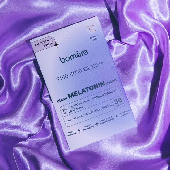 Barriere Melatonin patch packaging on a purple satin background