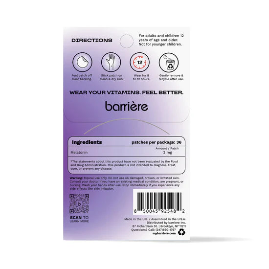 Back label of Barriere melatonin patches packaging with gold moon symbols  with directions and ingredients on a white background