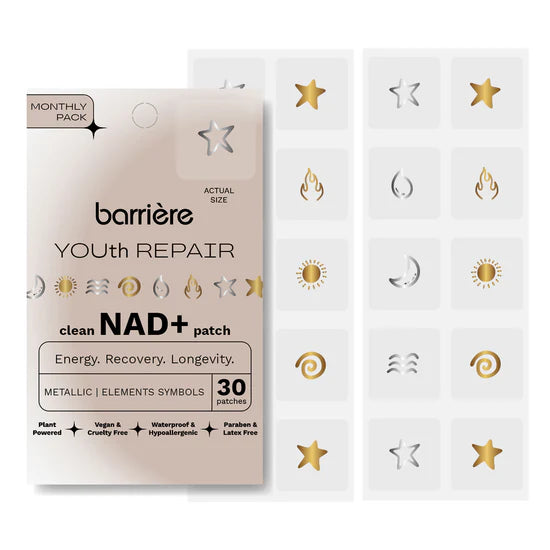 Barriere Youth Repair clean NAD+ patch packaging with gold and silver metallic elements symbols on a white background