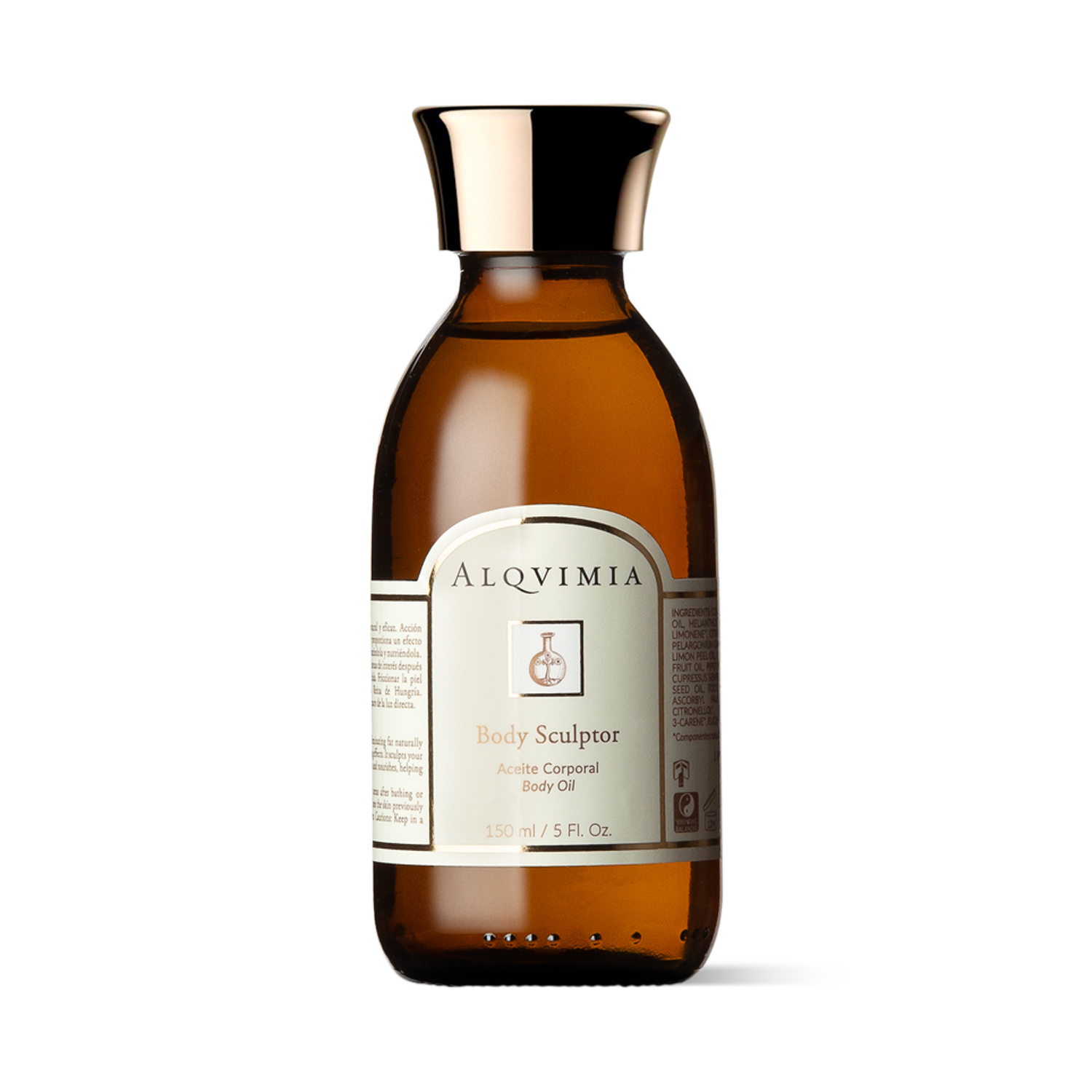 Brown bottle of Alqvimia Body Sculptor body oil on a white background
