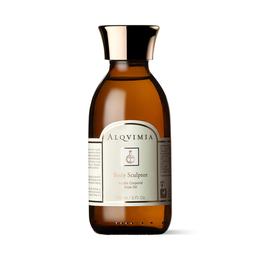 Brown bottle of Alqvimia Body Sculptor body oil on a white background