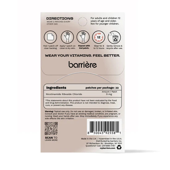 Back label of Barriere Youth Repair clean NAD+ patch with metallic elements symbols with directions and ingredients on a white background