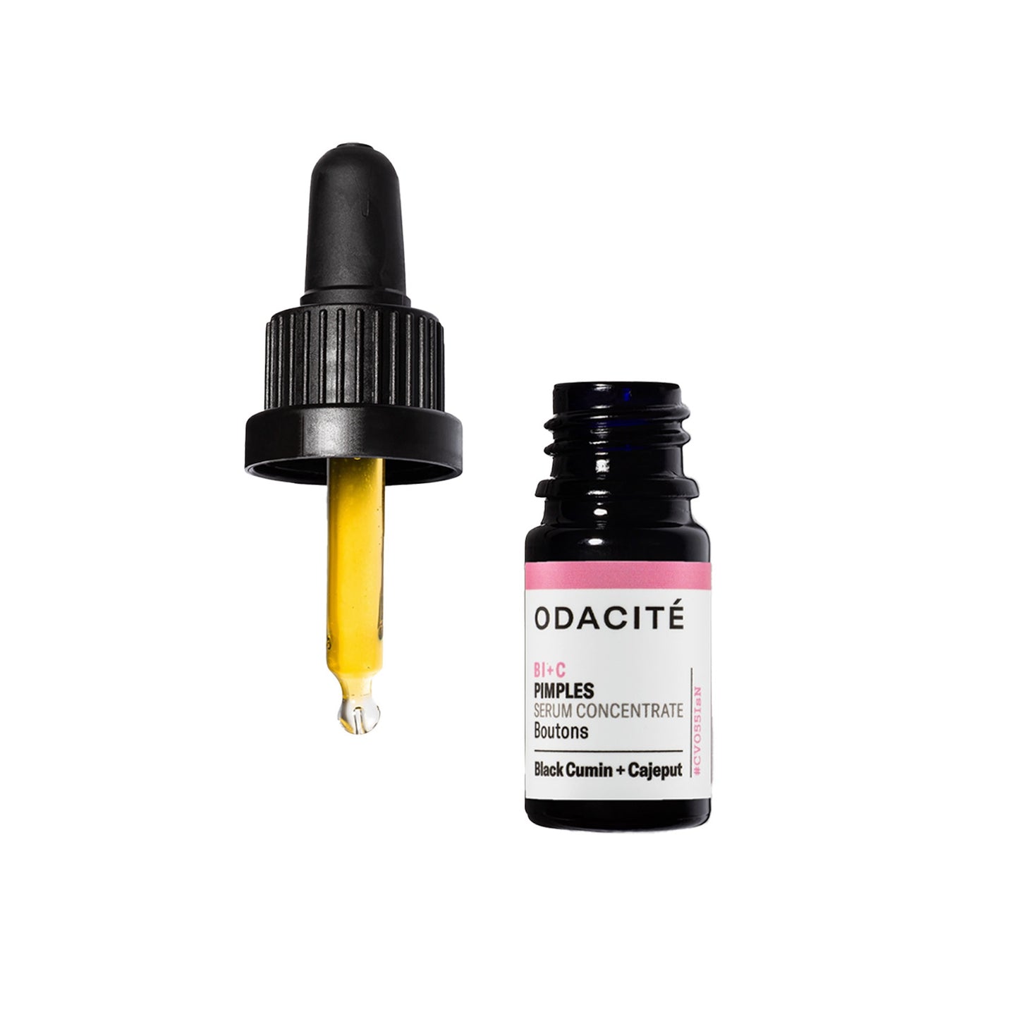 Odacité Bl+C Pimples skincare serum with dropper and black cap on a white background
