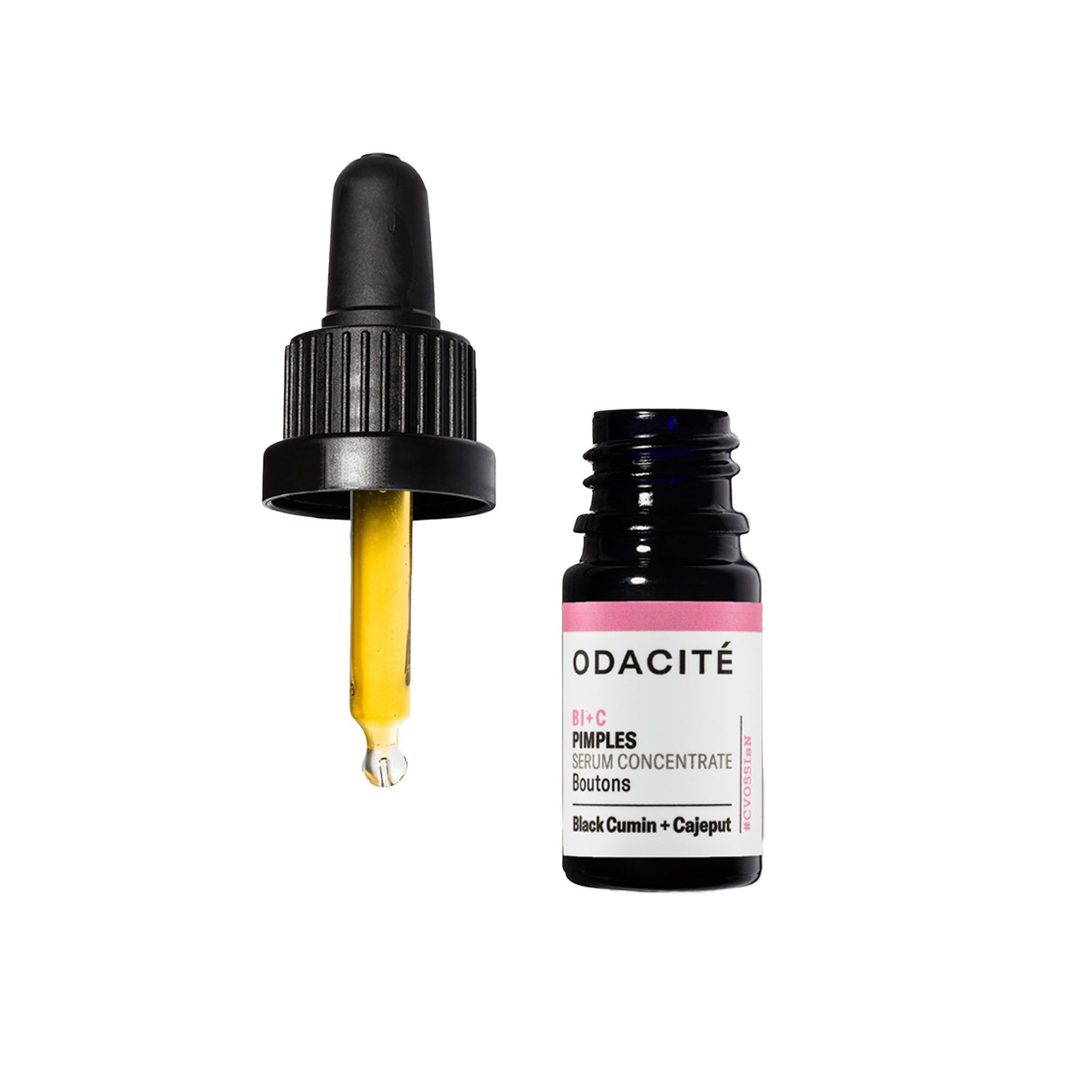 Odacité Bl+C Pimples skincare serum with dropper and black cap on a white background