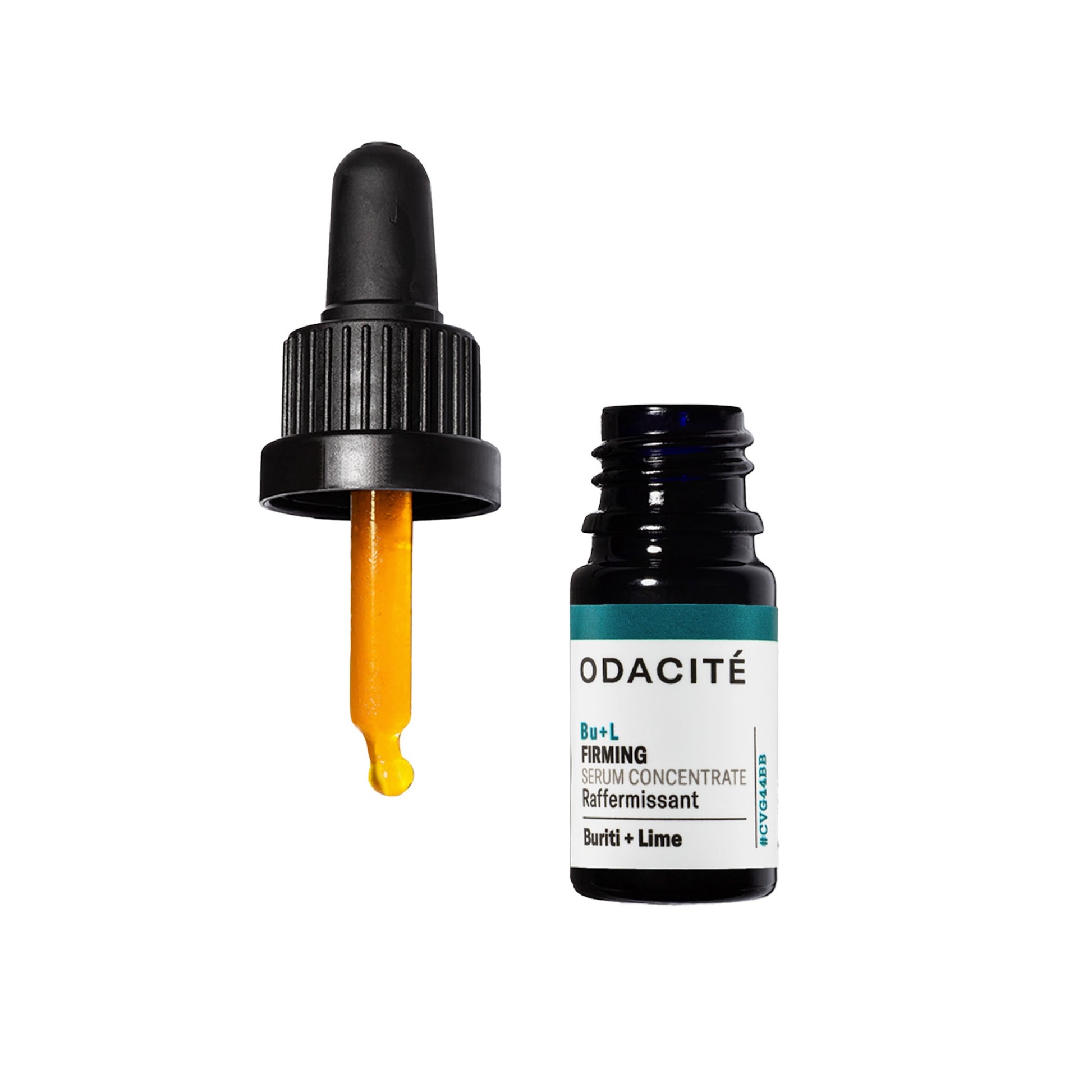 odacite Bu + L Firming serum concentrate with dropper on a white background