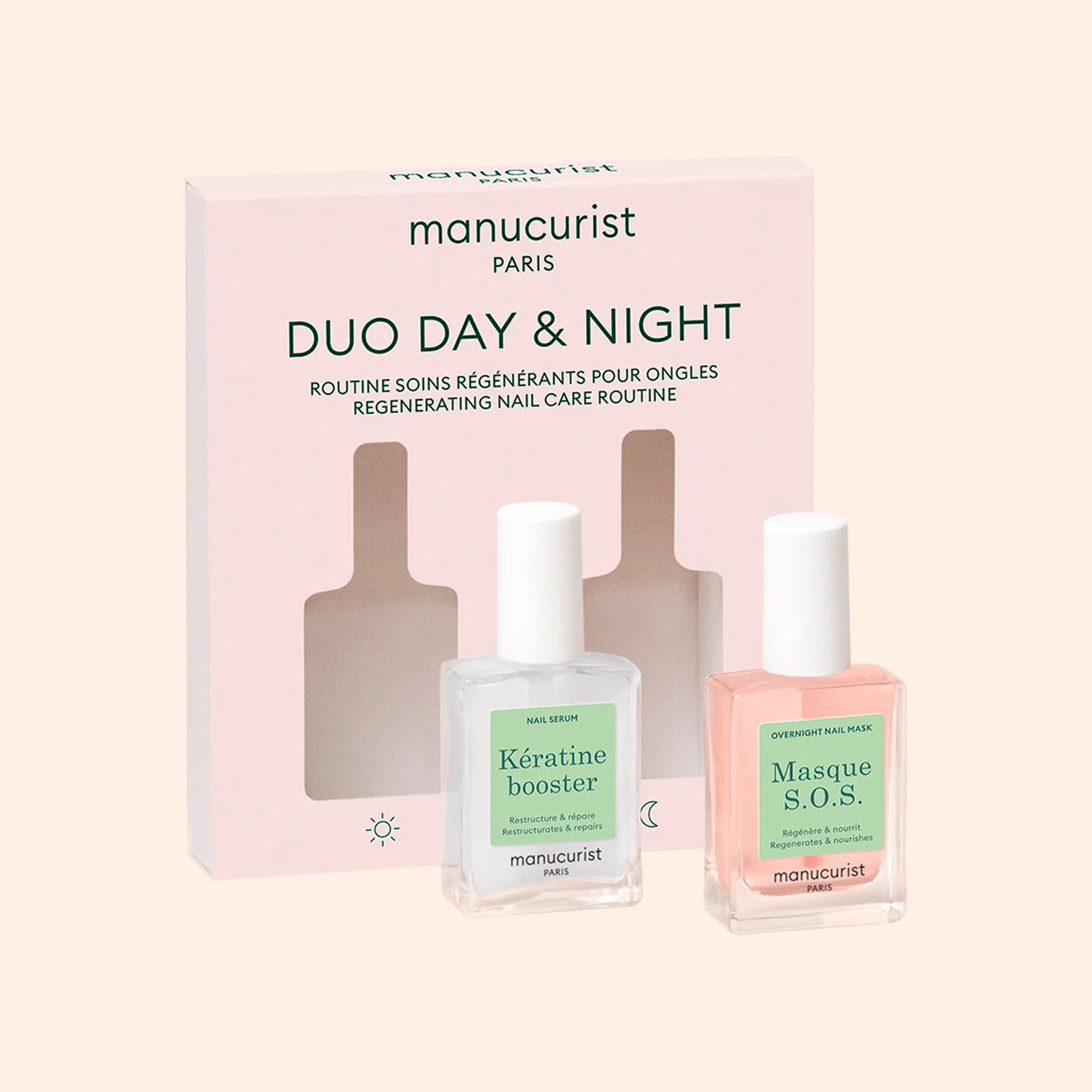 Manucurist Day & Night Duo – keratin nail repair and overnight hydration treatment for fragile nails.