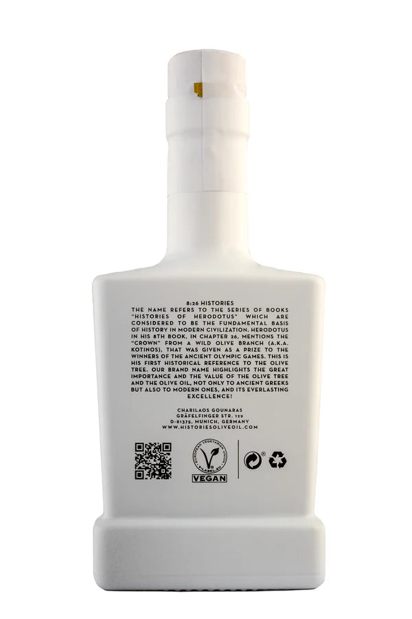 White bottle of 8:26 olive oil with text and logos on a white background