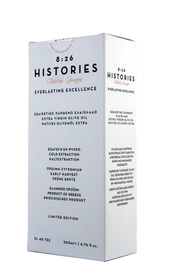Box of 8:26 Histories olive oil on a white background