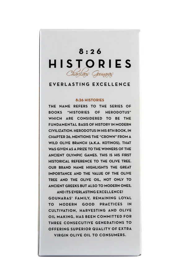 Olive Oil packaging with text about 8:26 Histories olive oil on a white background