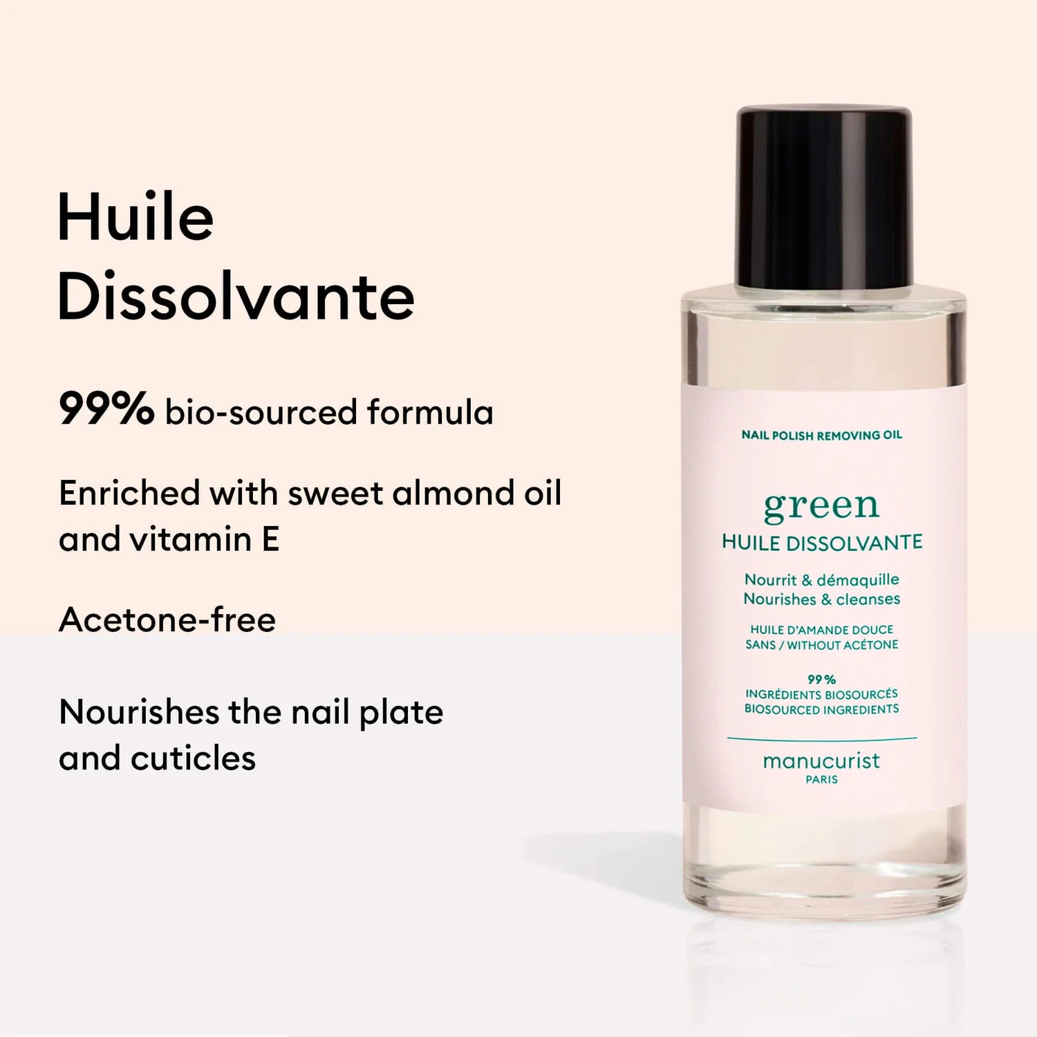 Manucurist Nail Polish Removing Oil – acetone-free, plant-based remover with sweet almond oil and vitamin E for nourished nails.