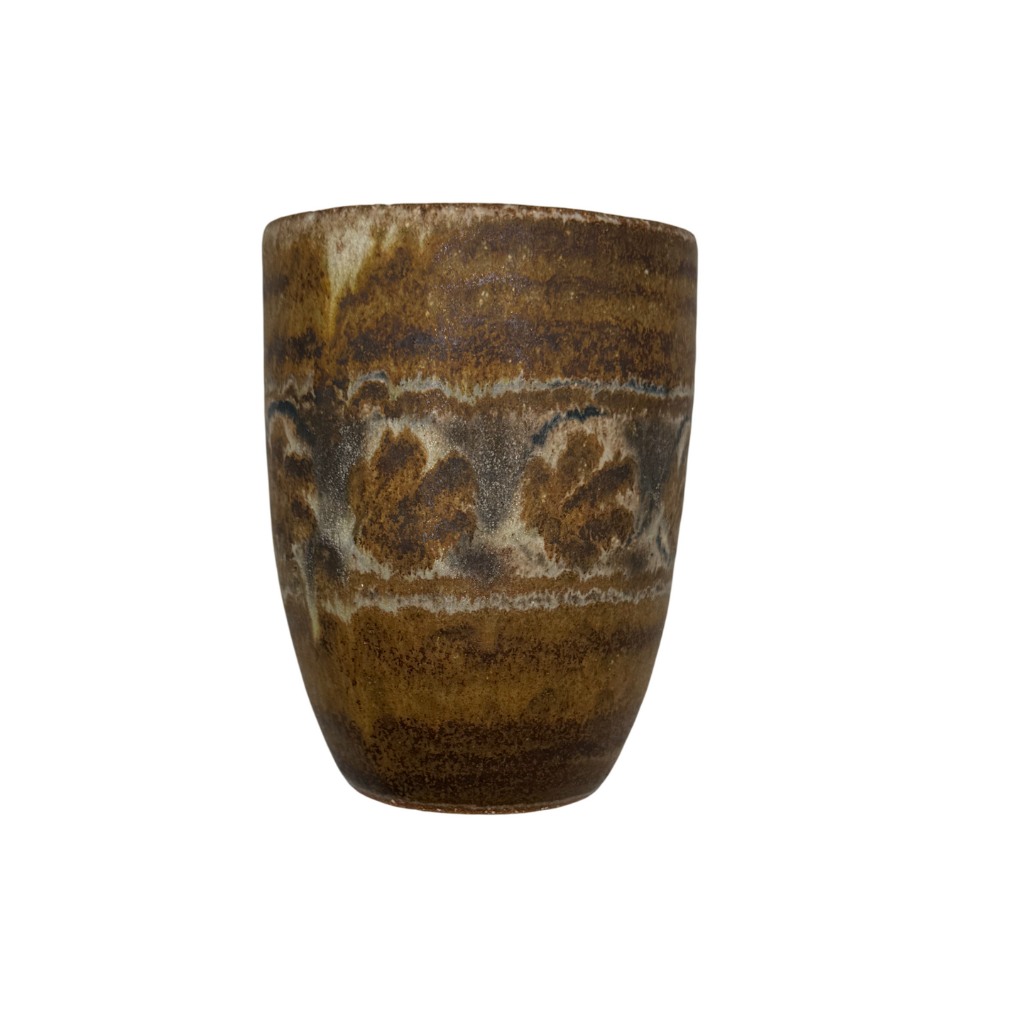 Brown ceramic cup with decorative patterns on a white background