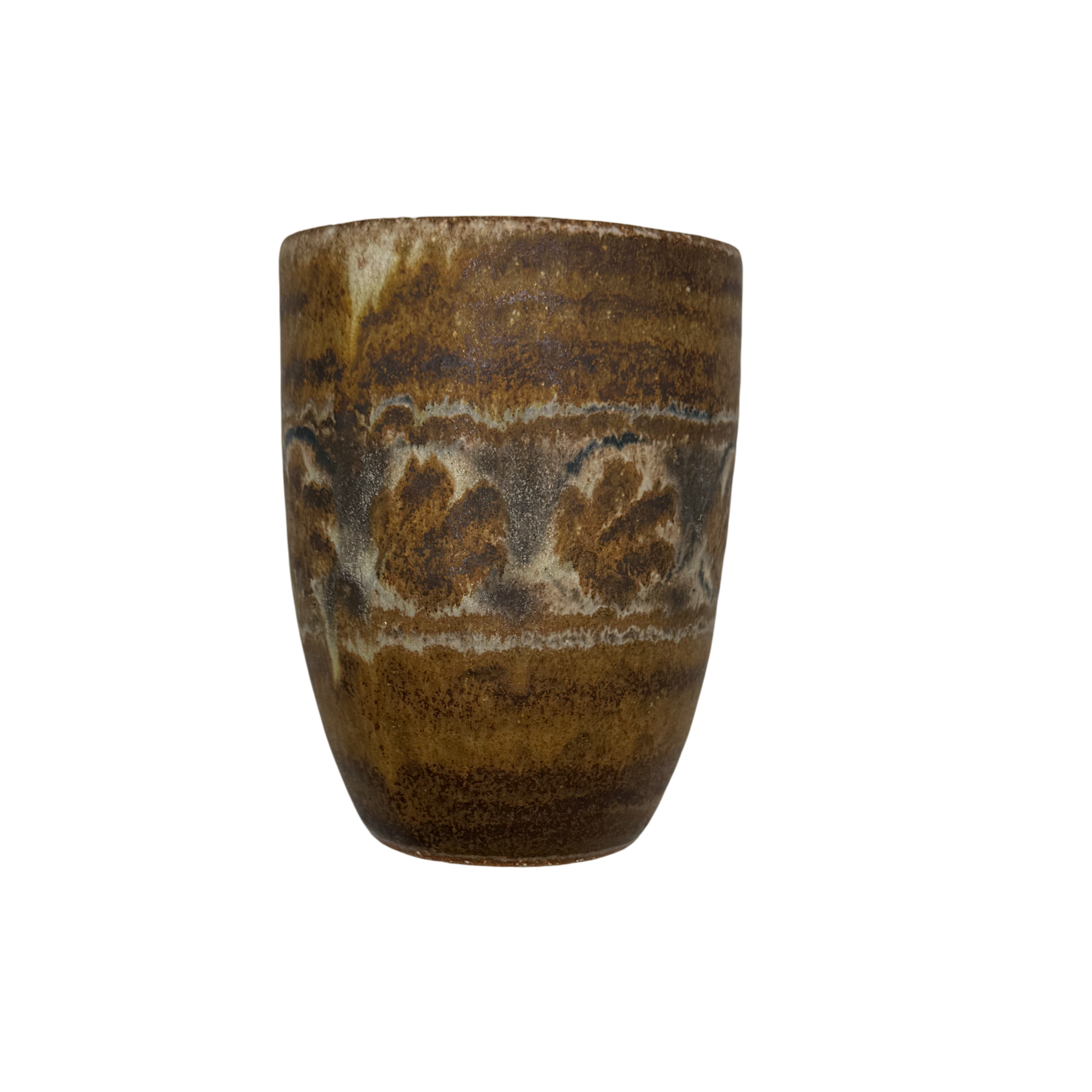 Brown ceramic cup with decorative patterns on a white background