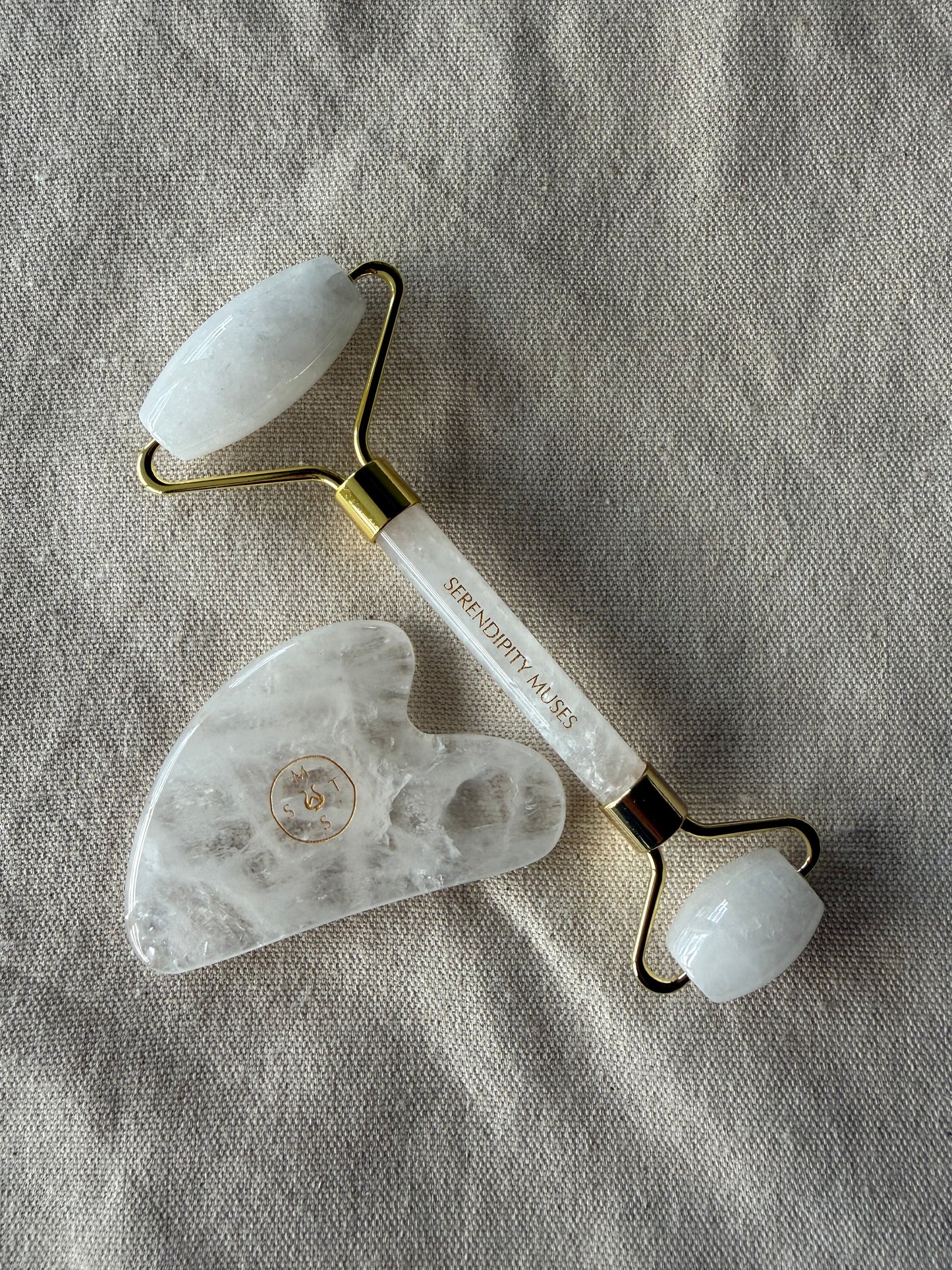     Clear quartz facial roller and gua sha set for sculpting massage and lymphatic support
